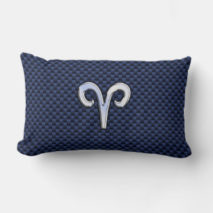 Silver Aries Zodiac Sign Navy Carbon Fibre Style Lumbar Cushion