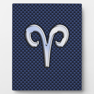 Silver Aries Zodiac Sign Navy Carbon Fibre Style Plaque