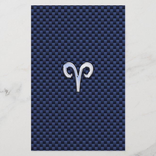Silver Aries Zodiac Sign Navy Carbon Fibre Style Stationery (Front)