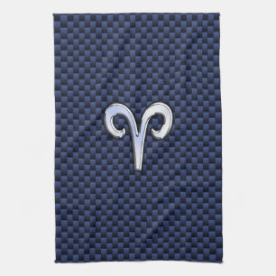 Silver Aries Zodiac Sign Navy Carbon Fibre Style Tea Towel
