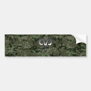 Silver Aries Zodiac Symbol Green Digital Camo Bumper Sticker