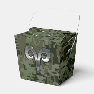 Silver Aries Zodiac Symbol Green Digital Camo Favour Box