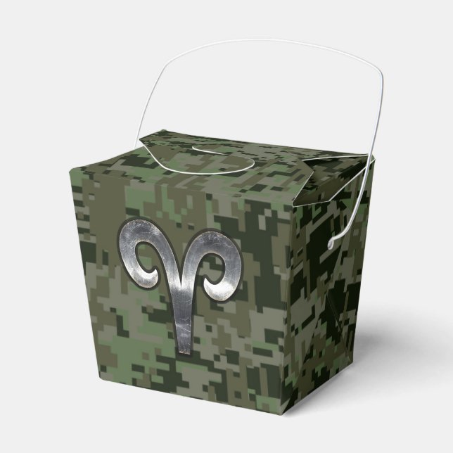 Silver Aries Zodiac Symbol Green Digital Camo Favour Box (Front Side)
