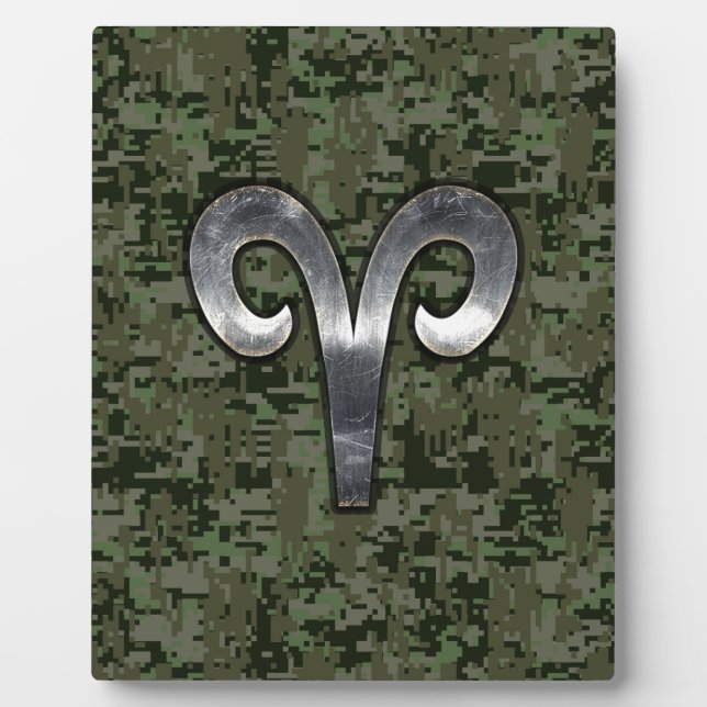 Silver Aries Zodiac Symbol Green Digital Camo Plaque (Front)