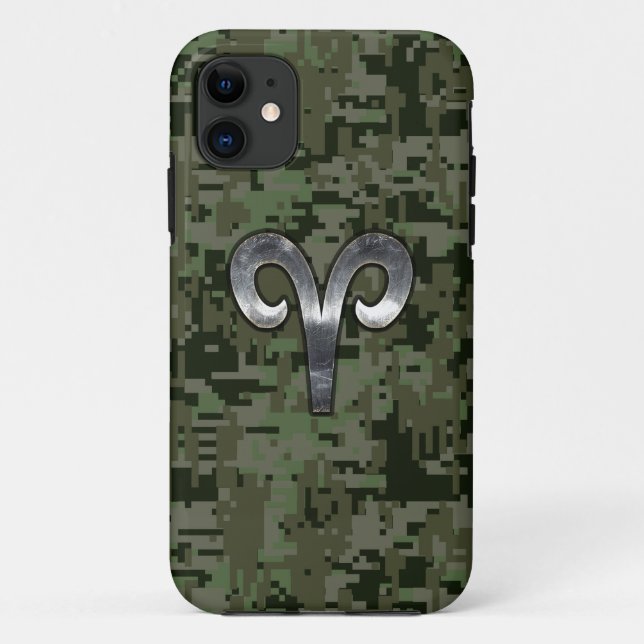 Silver Aries Zodiac Symbol on Green Digital Camo Case-Mate iPhone Case (Back)