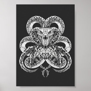 Silver Art Deco Cobra Ornamental Line Art Graphi Poster
