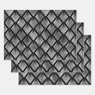 Silver Art Deco Fans on Black Wrapping Paper Sheet