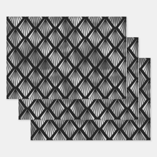 Silver Art Deco Fans on Black Wrapping Paper Sheet (Set)