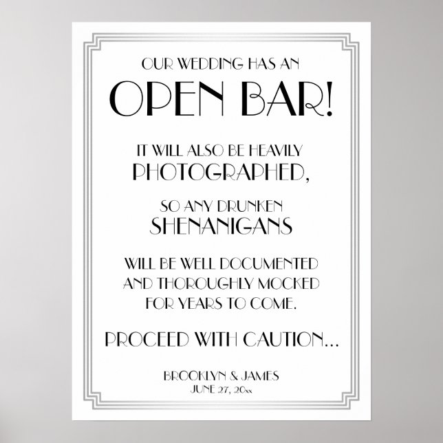 Silver Art Deco Gatsby Open Bar Sign 18x24 (Front)