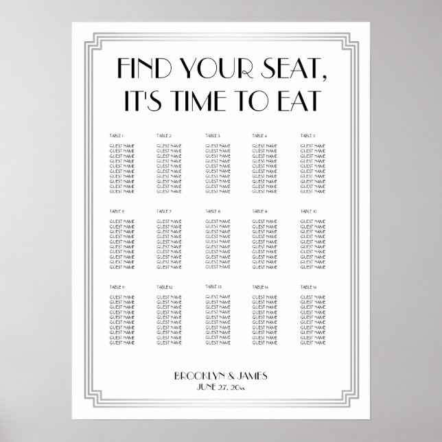 Silver Art Deco Wedding Seating Chart Poster (Front)