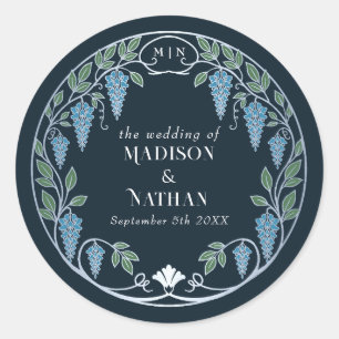 Silver Art Nouveau Blue Wisteria Wedding  Classic Round Sticker