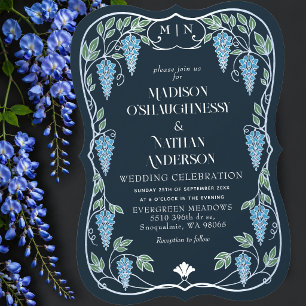Silver Art Nouveau Blue Wisteria Wedding  Invitation