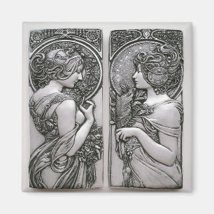 Silver ,Art nouveau ,design, female twins,Mucha Magnet