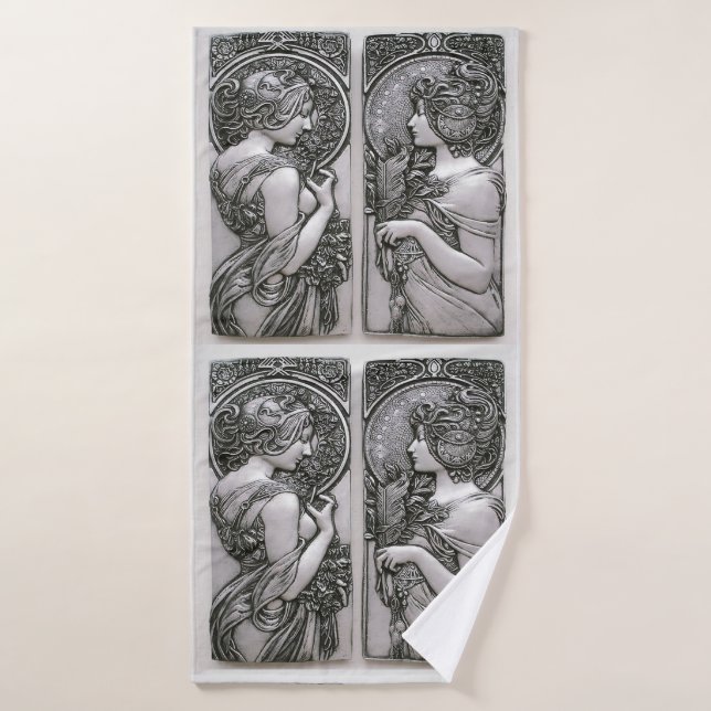 Silver ,Art nouveau ,design, females,Mucha,beautif Bath Towel (Bath Towel)
