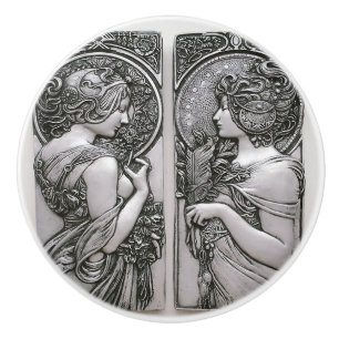 Silver ,Art nouveau ,design, females,Mucha,beautif Ceramic Knob