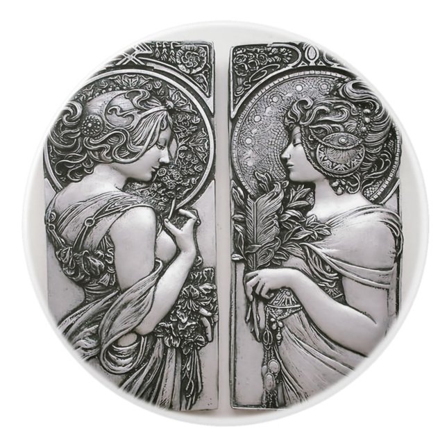 Silver ,Art nouveau ,design, females,Mucha,beautif Ceramic Knob (Front)