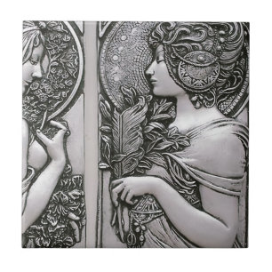 Silver ,Art nouveau ,design, females,Mucha,beautif Ceramic Tile