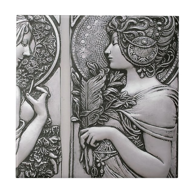 Silver ,Art nouveau ,design, females,Mucha,beautif Ceramic Tile (Front)