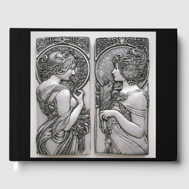 Silver ,Art nouveau ,design, females,Mucha,beautif Guest Book (Front)