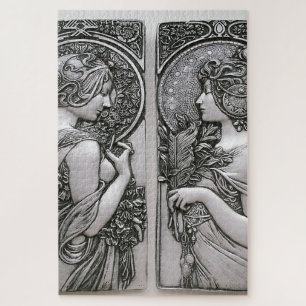 Silver ,Art nouveau ,design, females,Mucha,beautif Jigsaw Puzzle