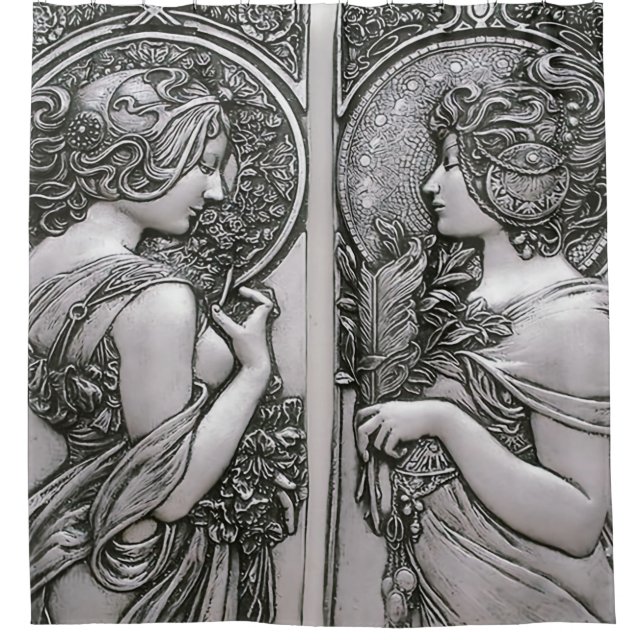 Silver ,Art nouveau ,design, females,Mucha,beautif Shower Curtain (Front)