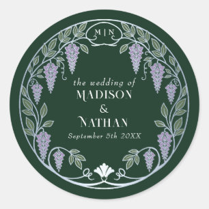 Silver Art Nouveau Purple Wisteria Wedding  Classic Round Sticker