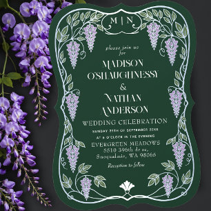 Silver Art Nouveau Purple Wisteria Wedding Invitation