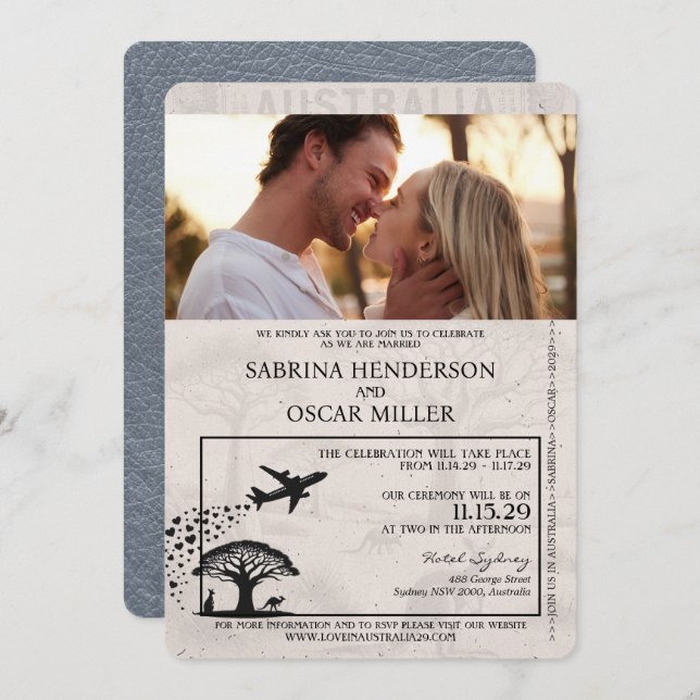 Silver Australia Passport Wedding Invitation (Front/Back)