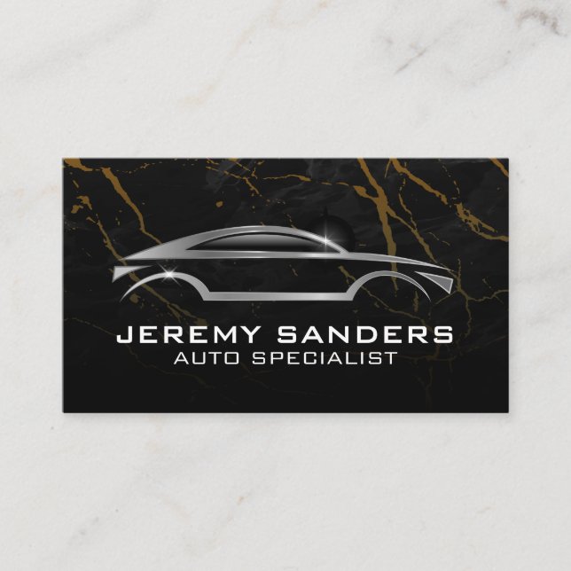 Silver Auto Logo | Black Marble Background Business Card (Front)