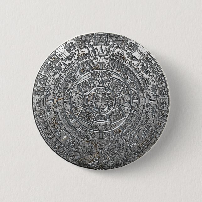 Silver Aztec Calendar 6 Cm Round Badge (Front)