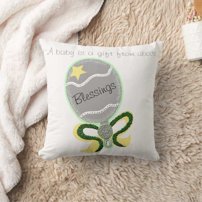 Silver Baby Rattle Yellow Star Green Bow Blessings Cushion (Blanket)