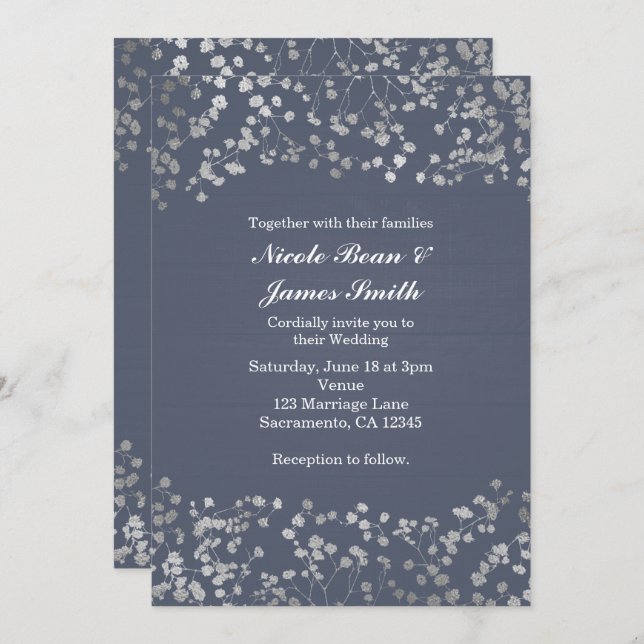 Silver Baby's Breath Blue Wood Wedding Invitation (Front/Back)