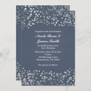 Silver Baby's Breath Blue Wood Wedding Invitation