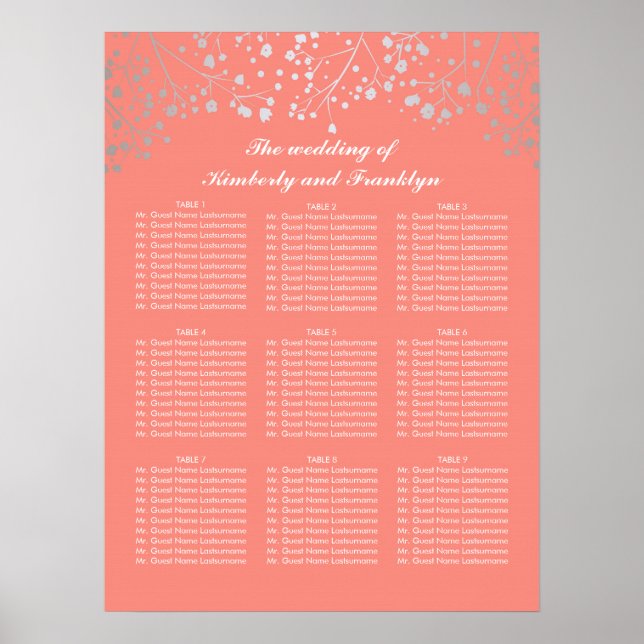 Silver Baby's Breath Coral Wedding Seating Chart (Front)