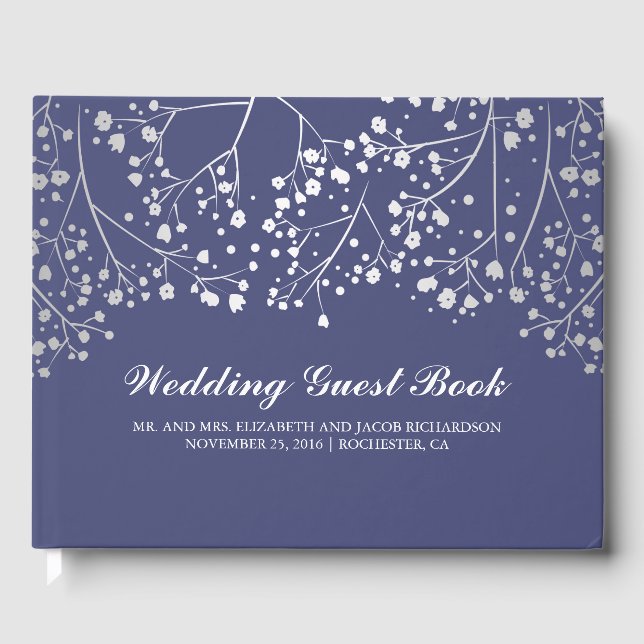 Silver Baby's Breath Floral Elegant Navy Wedding Guest Book (Front)
