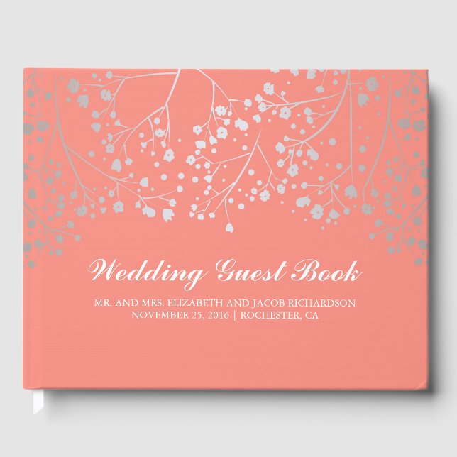 Silver Baby's Breath Floral Elegant Pink Wedding Guest Book (Front)