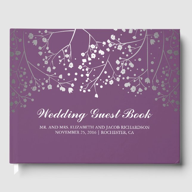 Silver Baby's Breath Floral Elegant Plum Purple Guest Book (Front)