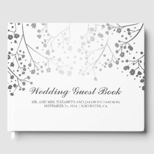 Silver Baby's Breath Floral Elegant White Wedding Guest Book