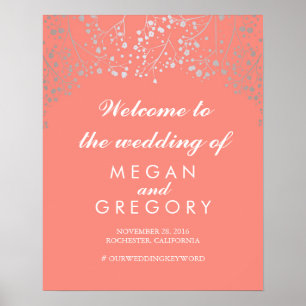 Silver Baby's Breath Wedding Welcome Sign Coral