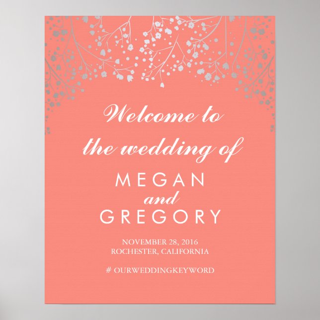 Silver Baby's Breath Wedding Welcome Sign Coral (Front)