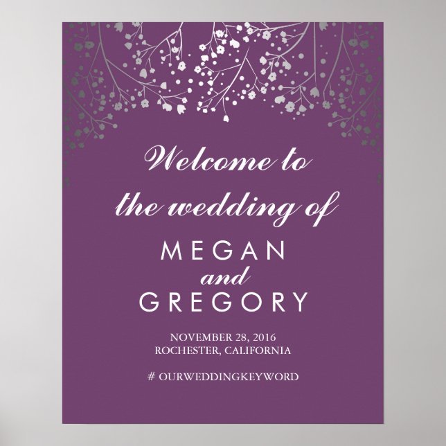 Silver Baby's Breath Wedding Welcome Sign Plum (Front)