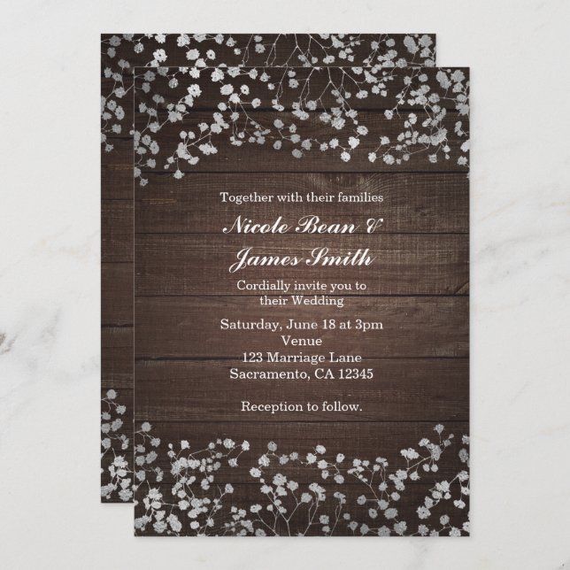 Silver Baby's Breath & Wood Wedding Invitations (Front/Back)
