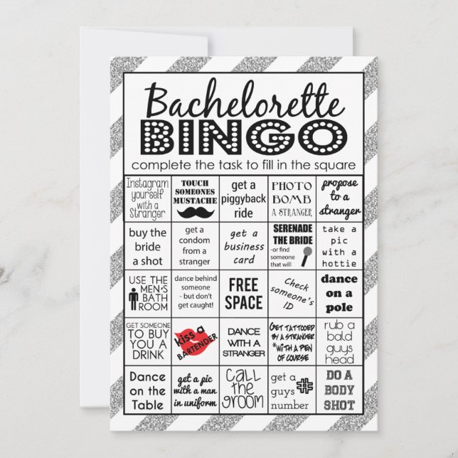 Silver Bachelorette Bingo, Party Game, Challenge Invitation (Front)