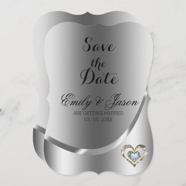 Silver Background And Diamond Heart-Save The Date Invitation (Front/Back)
