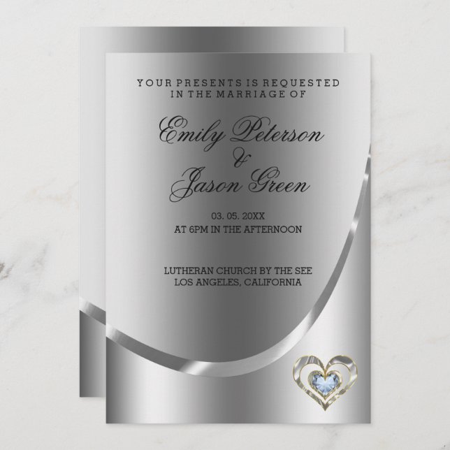 Silver Background And Diamonds Heart Wedding Invitation (Front/Back)
