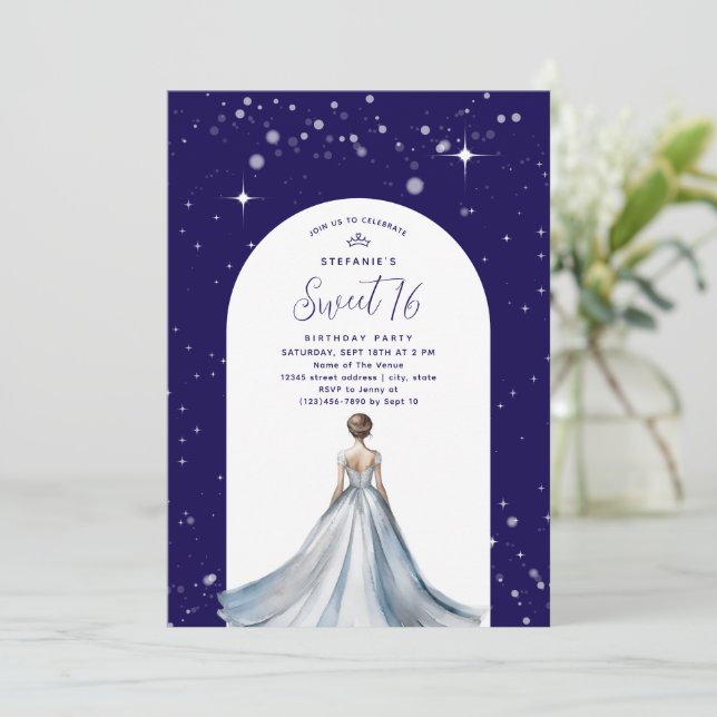 Silver Ball Gown Dress Navy Blue Sweet 16 Birthday Invitation (Standing Front)