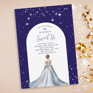 Silver Ball Gown Dress Navy Blue Sweet 16 Birthday Invitation