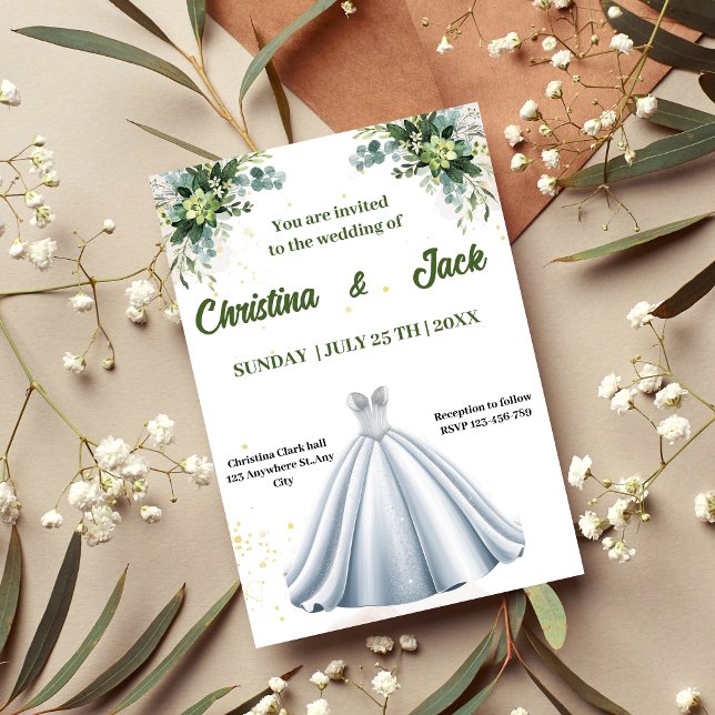 Silver Ballgown - Sage Botanical Design wedding Invitation (Creator Uploaded)