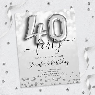 Silver Balloon Glitter 40th Birthday Party Invite Flyer