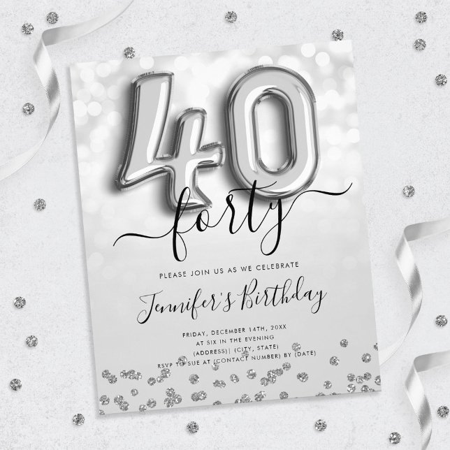 Silver Balloon Glitter 40th Birthday Party Invite Flyer (Creator Uploaded)
